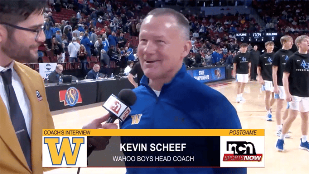 Kevin Scheef talks after a win at the 2024 state basketball tournament.